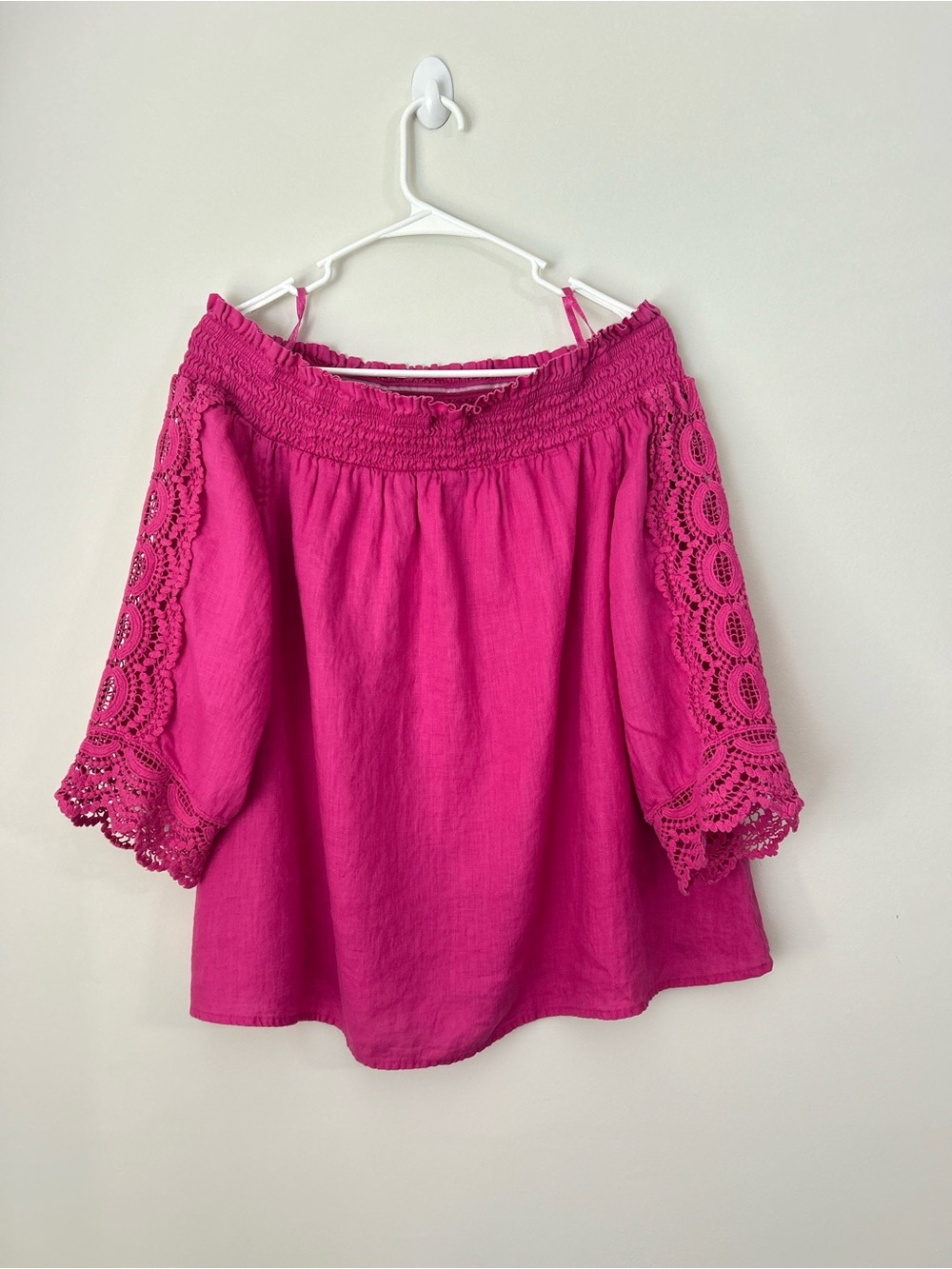 Chico’s 100% Linen Blouse Off Shoulder  Boho Peasant Crochet Pink Size 25 U.S.14